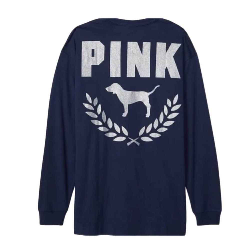 Victoria’s Secret Pink Shimmery Logo oversized tee long sleeve  Navy Xsmall